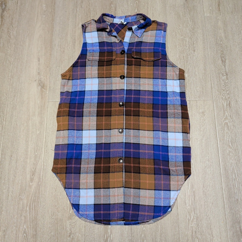 Cato Womens Medium Blue Brown Plaid Flannel Sleeveless Tunic Dress Button Down‎